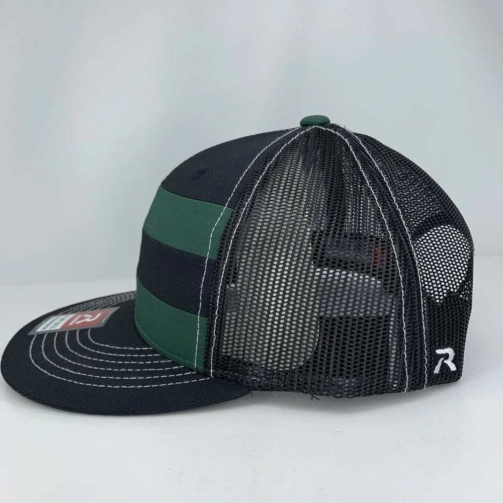 Richardson 162 Flat Bill Mesh Hat Black Green Stripe Adj Snapback OSFM Cap